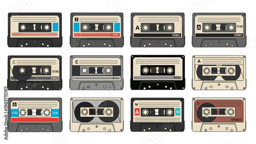 Set of twelve vintage audio cassette tapes with different label colors and designs showcasing classic eighties and nineties analog media.