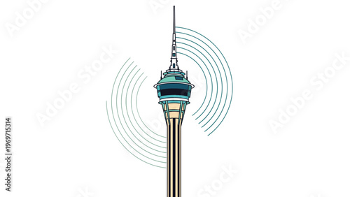 Tall telecommunications tower emitting radio waves to represent wireless broadcasting, mobile networks, and global digital connectivity.