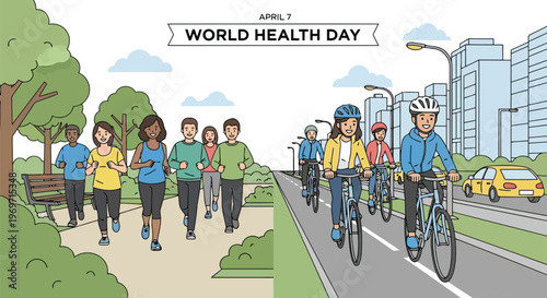 People running and cycling in city park for World Health Day
