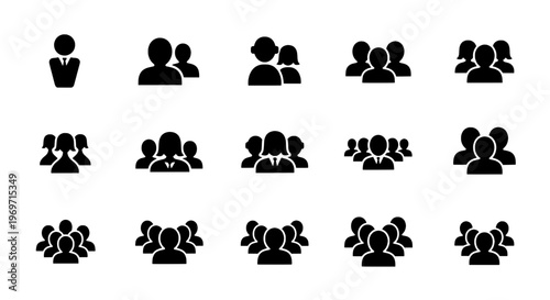 People icons set with various group sizes and styles featuring graphic design, digital art, illustration with social media and communication elements