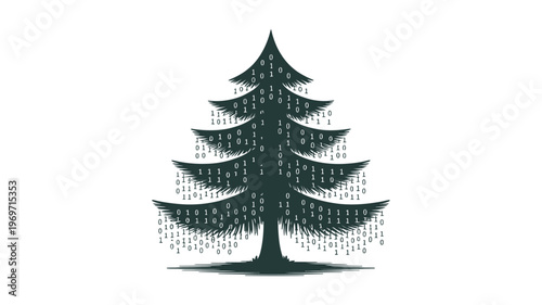 Binary code infused pine tree symbolizing digital nature integration seamlessly