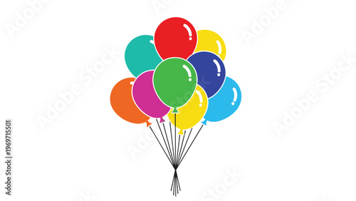 Vibrant bunch of multi-colored party balloons tied together with strings ready for a festive birthday or celebration event.