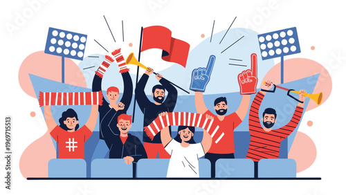 Crowd of excited sports fans cheering in the stadium with flags, scarves, and horns to support their favorite team during a match.