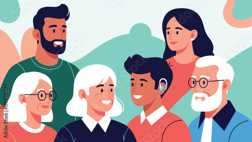 Illustration of a diverse group of people of various ages and ethnicities smiling and looking at each other representing community and inclusivity.