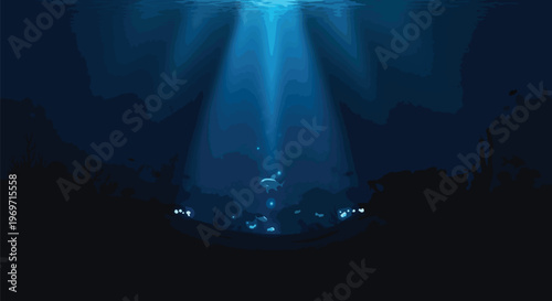 Deep Underwater Ocean Scene with Bioluminescent Glowing Particles and Light Rays