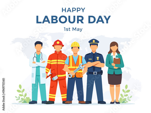 Photos Labor Day Celebration: A diverse array of essential workers is celebrated, each representing dedication and service, standing together to represent appreciation for their contributions to society