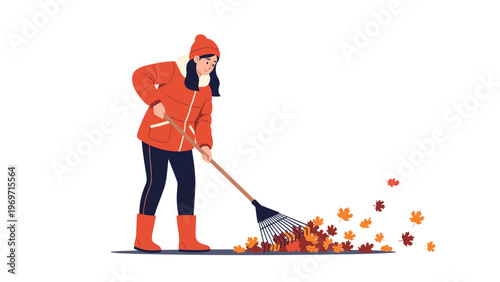 Young woman in a red jacket and hat raking a pile of colorful autumn maple leaves in a yard on a white background.