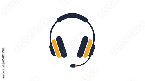 Modern headset icon with built-in microphone in dark blue and orange colors representing customer service, gaming, or remote work.
