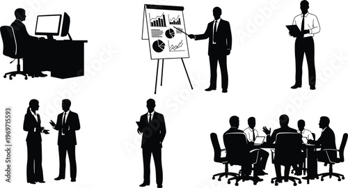 Business people silhouettes set office work presentation meeting discussion corporate professional black white vector illustration workplace collection design artwork