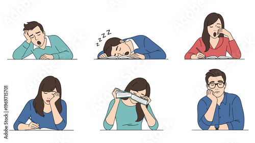 Set of six illustrations depicting tired and sleepy office workers or students yawning and resting their heads on desks.