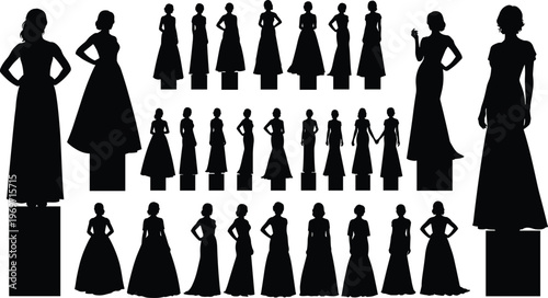 Elegant women silhouettes set long dress fashion poses black white vector illustration female models collection stylish design artwork