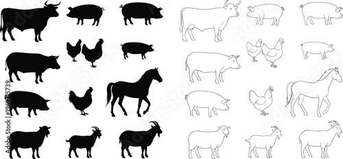 Farm animals silhouettes and outline set cow pig chicken goat horse black white vector illustration livestock collection design artwork
