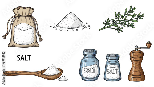 Various salt related items including a salt sack, salt piles, shakers, a wooden spoon, and a pepper grinder with a rosemary sprig.