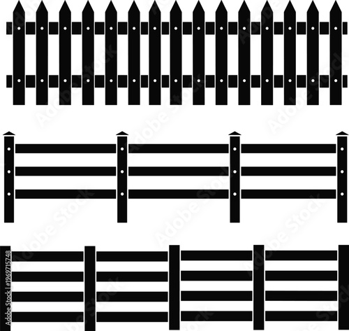 Fence silhouettes set wooden picket barrier garden boundary black white vector illustration outdoor structure collection design element artwork