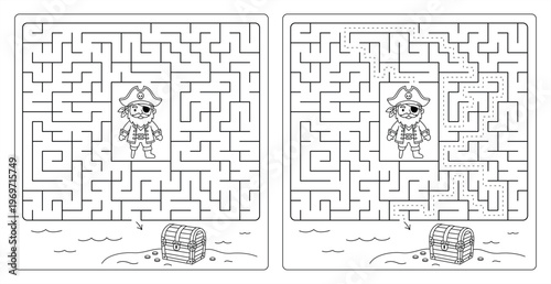 Pirate maze game for kids. Black and white logical puzzle worksheet with a cute pirate character, treasure chest, and solution. Vector illustration for coloring and problem-solving activities.