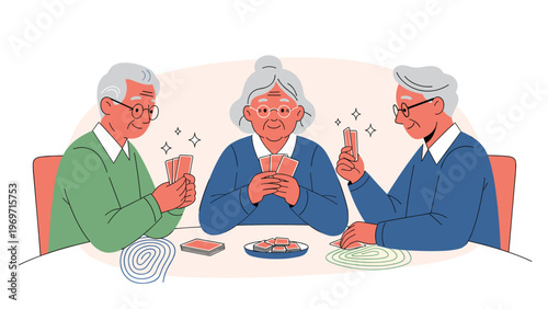 Group of elderly friends sitting around a table happily playing card games and enjoying their social retirement time together.