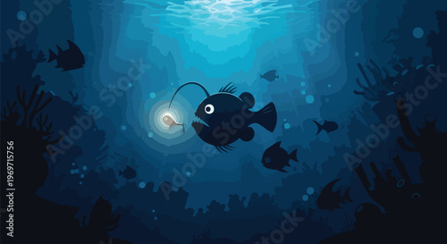 Deep Sea Anglerfish Glowing in Dark Underwater Ocean Scene