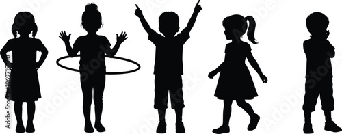 Kids silhouettes set playing standing walking hula hoop happy children black white vector illustration childhood activity collection design artwork