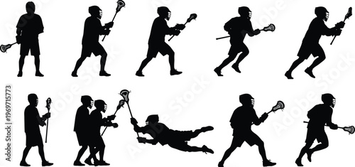 Lacrosse player silhouettes set running passing shooting action black white vector illustration sports athlete motion collection design artwork