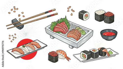 Delicious assortment of Japanese sushi, sashimi, maki rolls, and nigiri served with soy sauce, wasabi, and ginger.