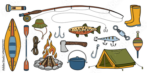 Camping and fishing retro doodle set. Canoe, rubber boots, tent, knife, pot, campfire, axe. Hand drawn vector illustration. Isolated design elements. Rest, sport, tourism concept