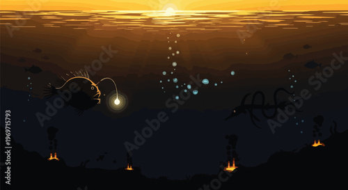 Pixel Art Deep Sea Ocean Scene with Anglerfish and Bioluminescent Creatures