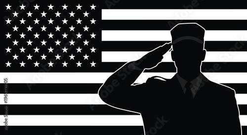 Soldier silhouette saluting American flag patriotic military service black white vector illustration national pride defense concept design artwork
