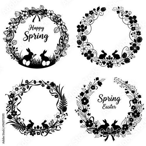 Spring Wreath Collection: A charming compilation of spring wreaths, each artfully adorned with floral details and adorable rabbit silhouettes. Embodying the fresh and joyous spirit of the season.