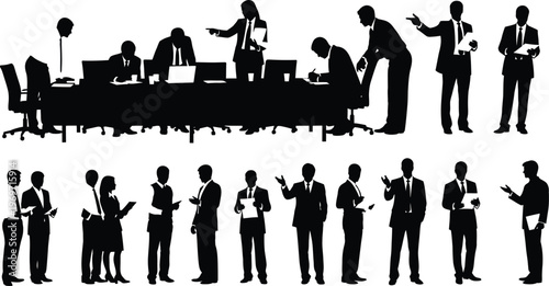 Slhouettes depicting business professionals in various office scenarios. 