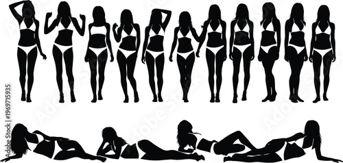 Women bikini silhouettes set beach body poses summer fashion black white vector illustration female model collection design artwork
