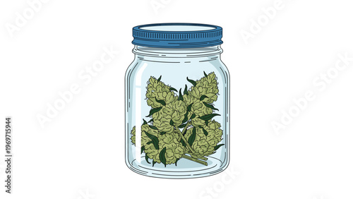 Clear glass jar with a blue lid filled with dried green cannabis buds representing medical marijuana or herbal storage.