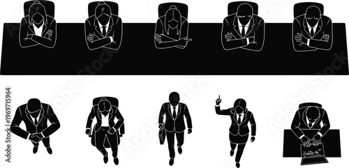 Slhouettes depicting business professionals in various office scenarios. 