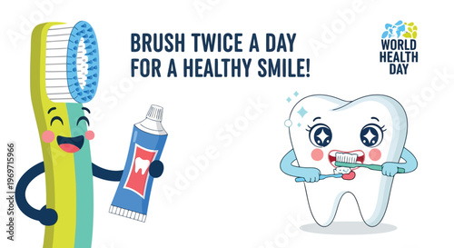 Happy toothbrush and toothpaste with healthy tooth illustration