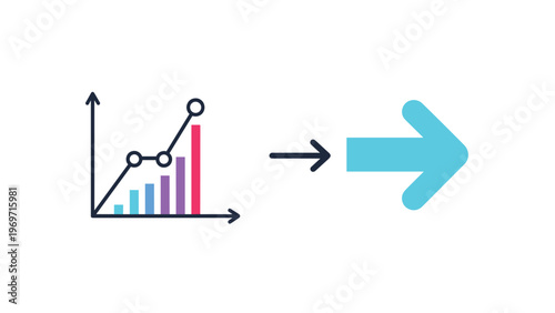 Business graph with rising colorful bars and a line showing growth pointing towards a large blue arrow on a white background.