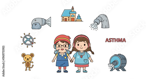 Children with asthma inhalers and nebulizer illustration