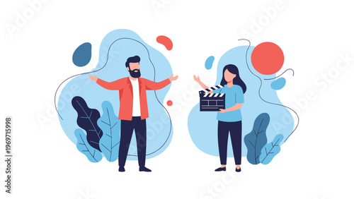 Film director and a woman holding a movie clapper board standing in front of abstract shapes representing a production set.