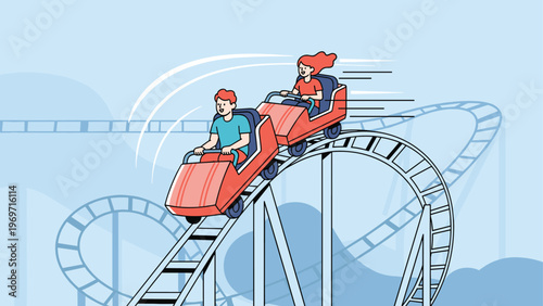 Thrill seeking friends enjoy a fast ride on a red roller coaster as it descends a steep track at an amusement park.