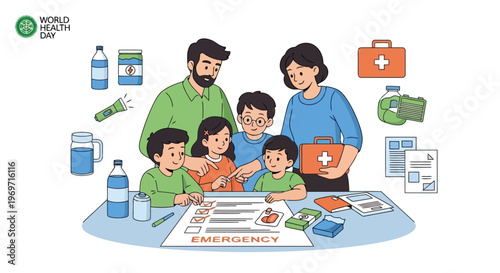 Family preparing for emergency health situation illustration