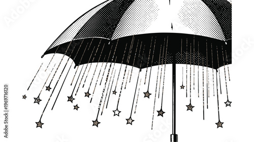 Creative illustration of an umbrella with stars and raindrops isolated on transparent background
