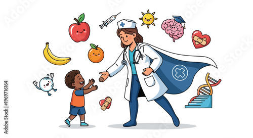 Superhero doctor helps child with health symbols illustration