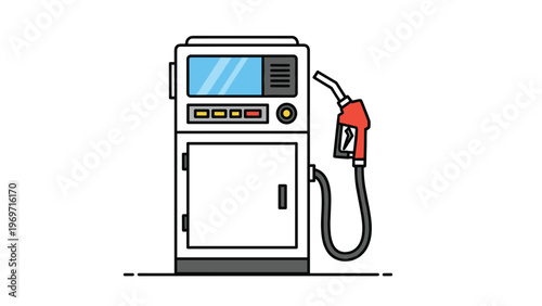 Classic gasoline pump station equipment is shown in a flat illustration style for fuel, energy, and transportation industry themes.