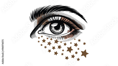 Detailed illustration of a human eye with stars isolated on transparent background