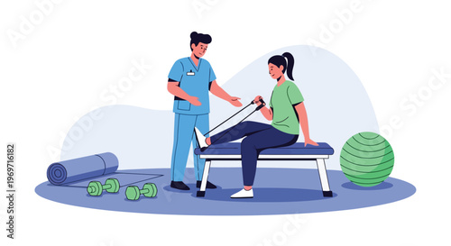 Physical therapist guides patient using resistance band