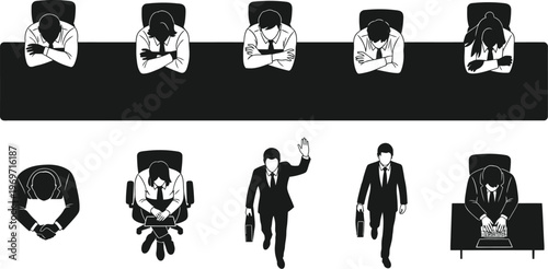 Slhouettes depicting business professionals in various office scenarios. 