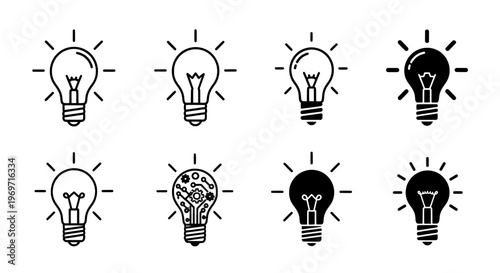 Lightbulb icons set with different styles including outline, filled, and mechanical components, representing ideas and innovation