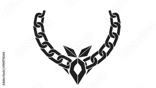 Bold black chain link graphic with a stylized central emblem forms a symmetrical and strong design on a white background.