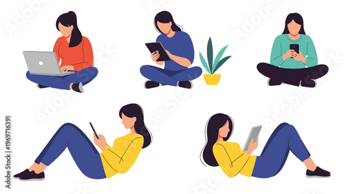 Set of young women in various relaxed poses using diverse electronic gadgets like laptops, tablets, and smartphones for work and leisure.