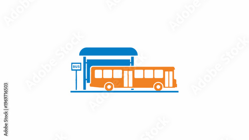 Orange bus at blue bus stop station icon on white background