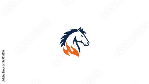 Horse head mascot logo with fire flame on white background