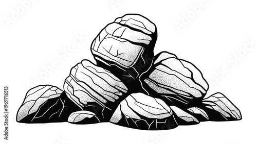 Detailed black and white stipple illustration shows a large pile of coal or dark rocks with strong shadows and highlights.
